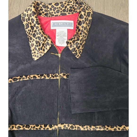 Jessica Howard Jackets & Blazers - Vtg Jessica Howard Jacket Sz 14 Black Leopard Faux Fur Zip Career Y2k EUC